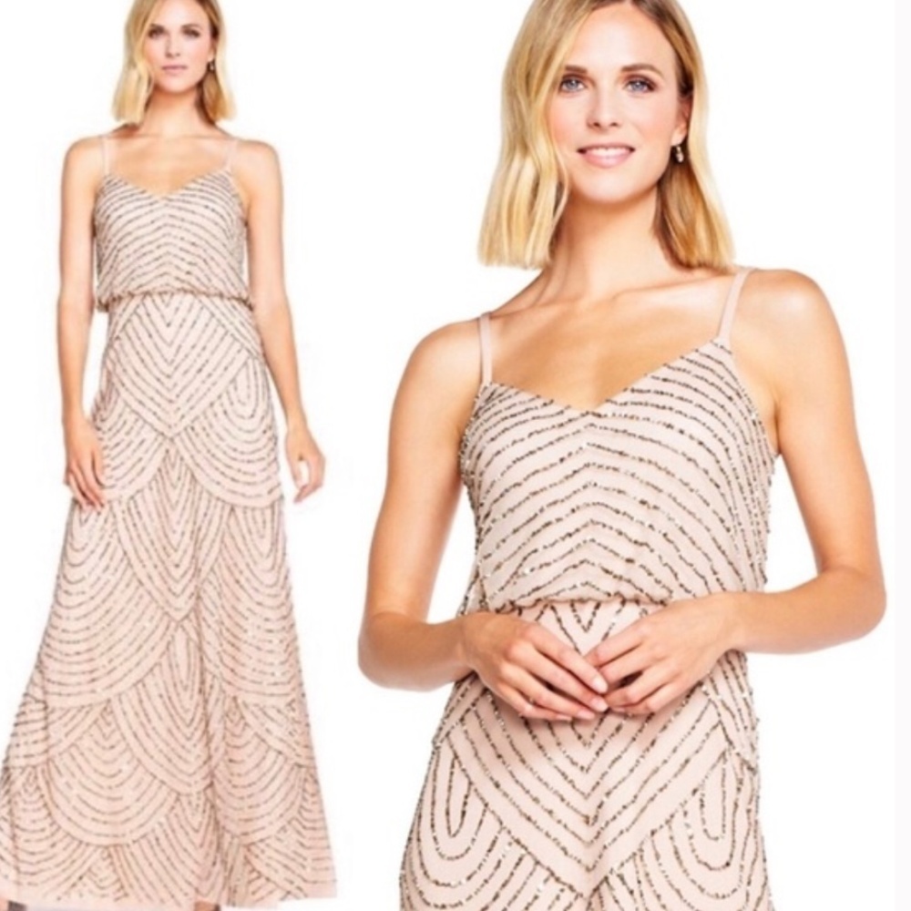 Adrianna Papell Women's Long Beaded Art Deco Blouson Gown Taupe/Pink Size 4